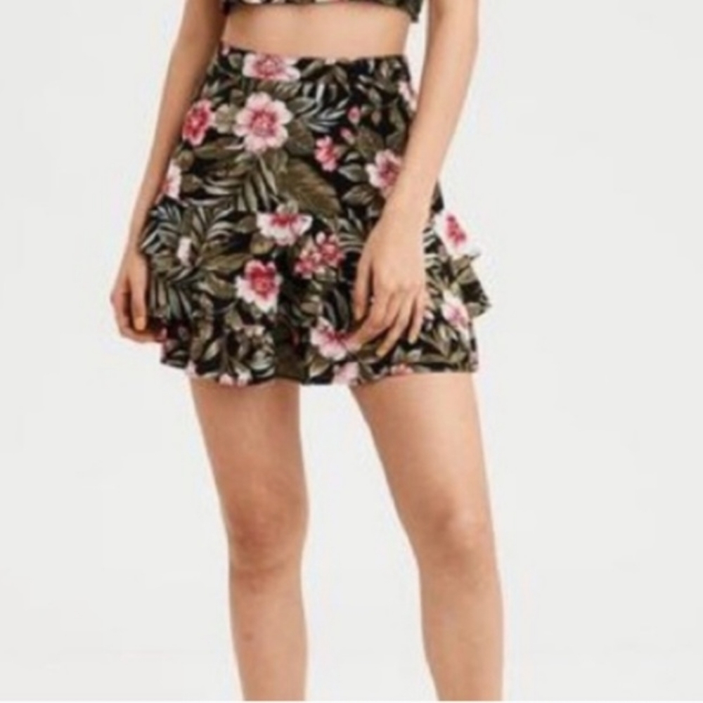 American Eagle Ruffle Black/Green Pink Hibiscus Tropical Skirt Floral Summer